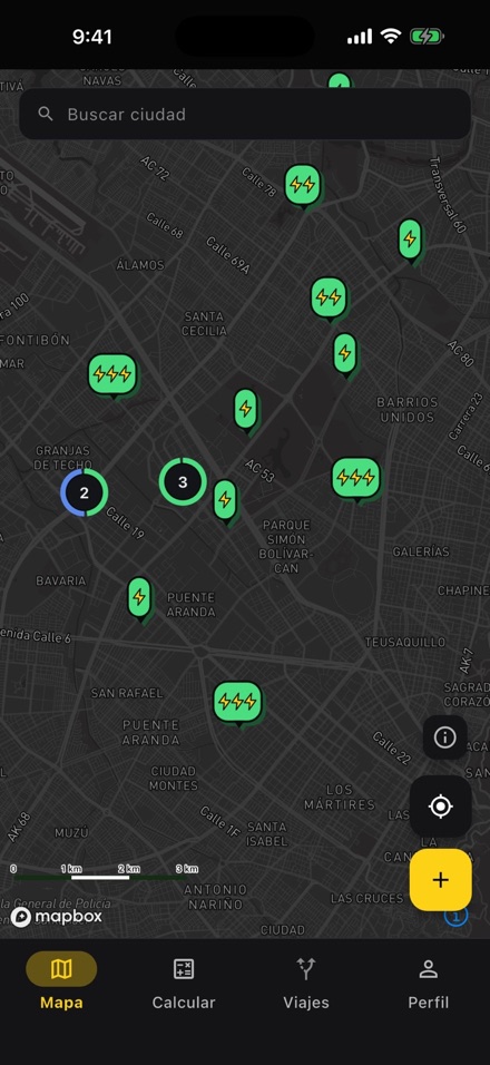 El mapa de FaraDison con los puntos de carga de una ciudad